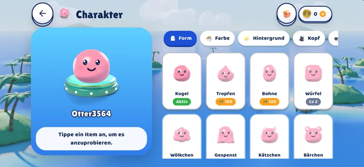Charakter-Editor in SquadPlay mit Formen wie Kugel, Tropfen, Bohne und Würfel