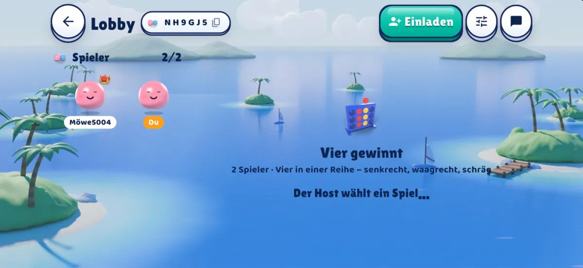 Lobby in SquadPlay: zwei Spieler, Lobby-Code und gewähltes Spiel Vier gewinnt