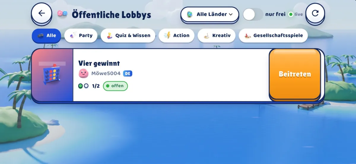 Liste öffentlicher Lobbys in SquadPlay mit Filtern nach Kategorie