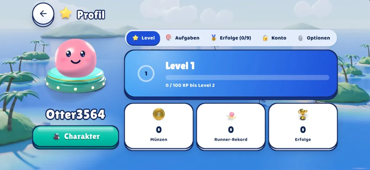 Profil in SquadPlay mit Level, Münzen, Runner-Rekord und Erfolgen
